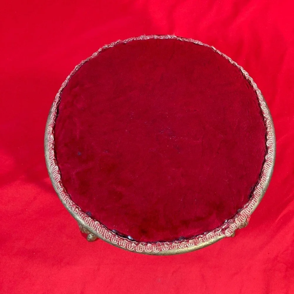 Small Victorian 4 Leg Padded Stool / W/ Ruby Color Velvet Style / Flaws